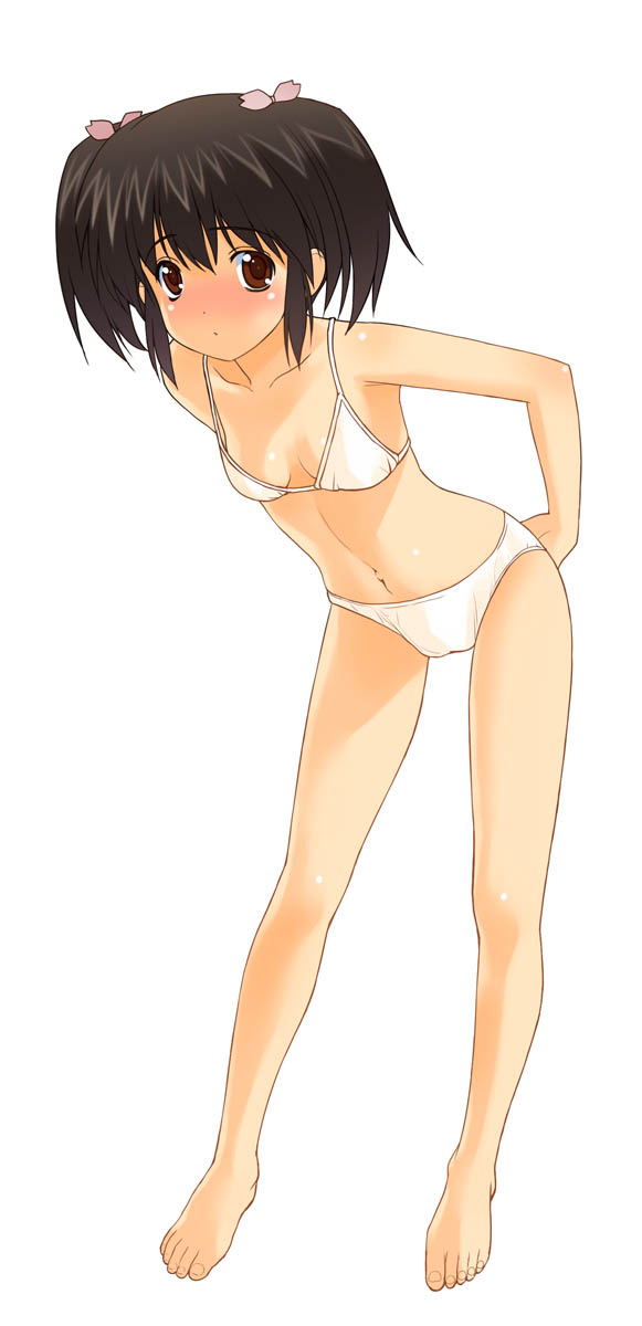 a1 (initial-g), yuzuhara konomi, to heart (series), to heart 2, highres, 00s, 1girl, barefoot, bikini, black hair, blush, bra, breasts, brown eyes, collarbone, feet, female focus, full body, leaning forward, legs, lingerie, looking at viewer, navel, panties, simple background, small breasts, solo, standing, strap gap, string bikini, swimsuit, twintails, underwear, white background, white bikini