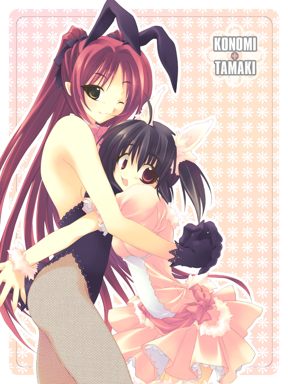 kousaka tamaki, yuzuhara konomi, to heart (series), to heart 2, highres, 00s, 2girls, animal ears, backless outfit, blush, bow, bowtie, brown eyes, brown hair, character name, detached collar, dress, fake animal ears, fishnet pantyhose, fishnets, gold, hug, leotard, long hair, multiple girls, one eye closed, pantyhose, playboy bunny, rabbit ears, red eyes, red hair, short hair, twintails, wink