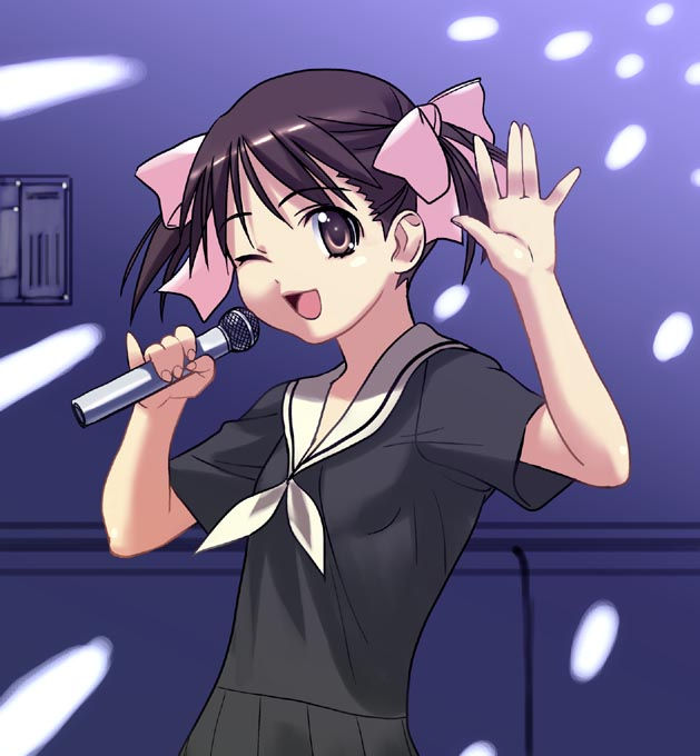 fukuzawa yumi, maria-sama ga miteru, 00s, 1girl, black hair, bow, breasts, dress, female focus, hair bow, hair ornament, hands up, holding, indoors, karaoke, looking at viewer, microphone, music, one eye closed, open mouth, pink bow, sailor collar, school uniform, short hair, short sleeves, singing, small breasts, smile, solo, twintails, upper body, wink
