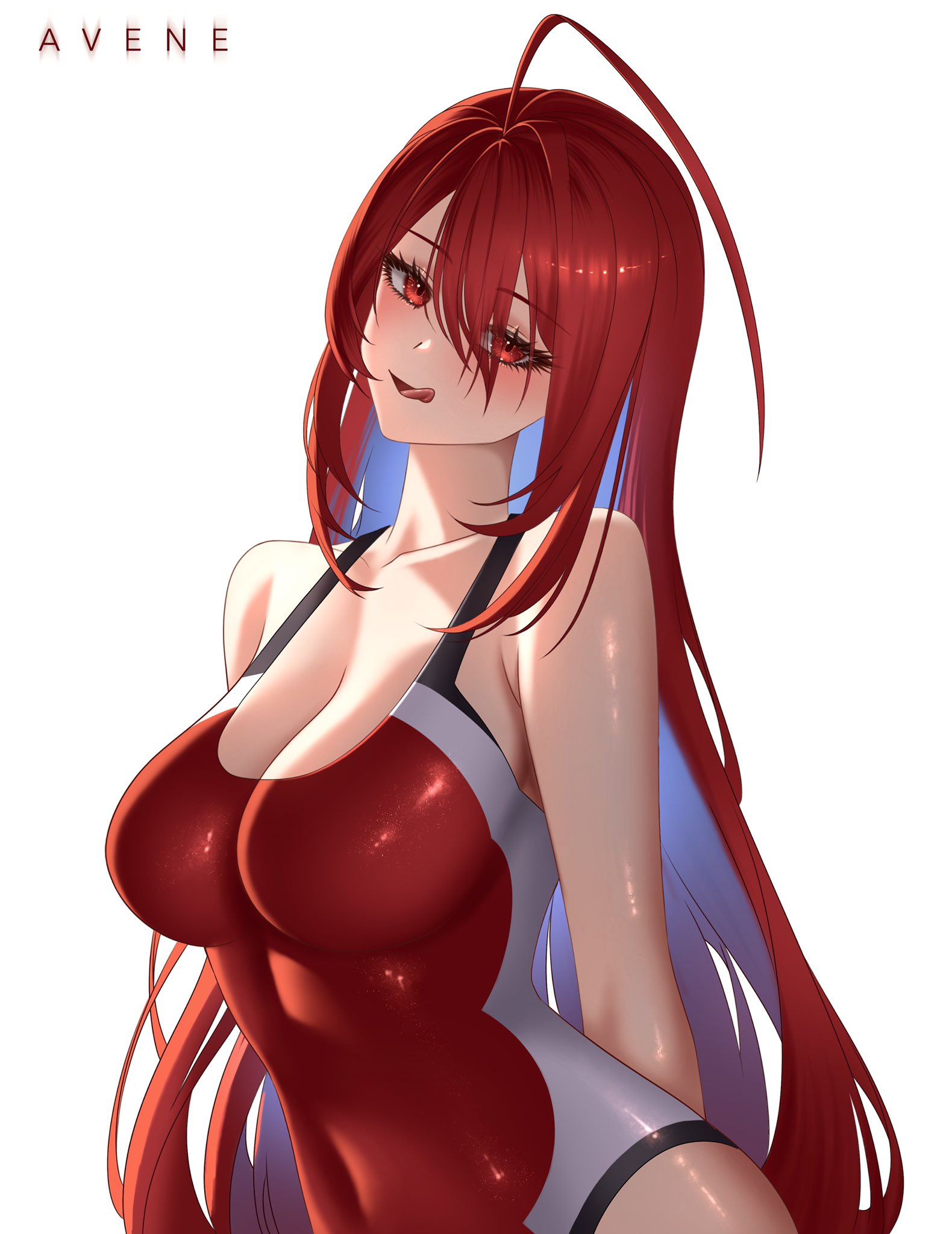 elizabeth rose bloodflame, elizabeth rose bloodflame (holonatsu paradise), hololive, hololive english, commentary, highres, symbol-only commentary, 1girl, ahoge, arms behind back, avene chan, bare arms, blue hair, breasts, cleavage, colored inner hair, competition swimsuit, covered navel, hair between eyes, huge ahoge, large breasts, long hair, looking at viewer, multicolored hair, official alternate costume, one-piece swimsuit, open mouth, red eyes, red hair, red one-piece swimsuit, simple background, solo, swimsuit, very long hair, virtual youtuber, white background