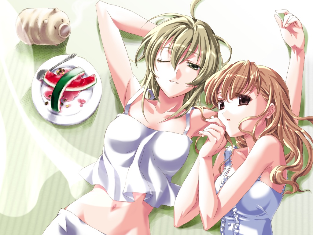 kamiya maneki, satou sei, toudou shimako, maria-sama ga miteru, 00s, 2girls, blonde hair, center frills, food, frills, fruit, incense, multiple girls, one eye closed, watermelon, wink