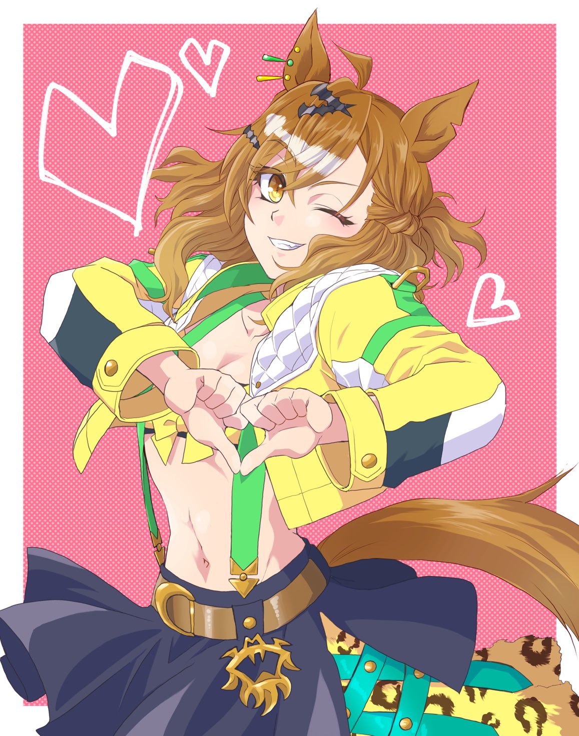 fuukoym6886, jungle pocket (umamusume), umamusume, highres, 1girl, ahoge, animal ears, belt, black skirt, breasts, brown hair, cropped jacket, earrings, hair between eyes, hair ornament, hairclip, heart, heart hands, jacket, jewelry, long sleeves, looking at viewer, medium breasts, medium hair, midriff, navel, one eye closed, open clothes, pink background, skirt, small breasts, smile, solo, suspenders, tail, wavy hair, yellow eyes, yellow jacket
