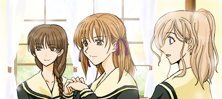 fukuzawa yumi, shimazu yoshino, toudou shimako, maria-sama ga miteru, looking away, 00s, 3girls, alternate hairstyle, blonde hair, blue eyes, braid, brown eyes, brown hair, collarbone, curtains, hair ribbon, hair up, multiple girls, oekaki, orange eyes, orange hair, ribbon, school uniform, serafuku, single braid, twintails, wavy hair, window