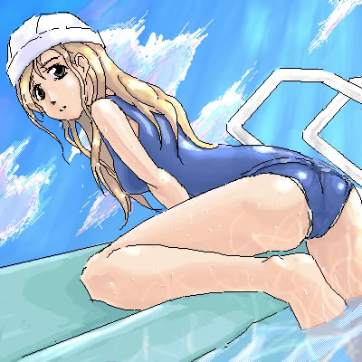 toudou shimako, maria-sama ga miteru, lowres, 00s, 1girl, caustics, cloud, day, dutch angle, female focus, looking at viewer, oekaki, one-piece swimsuit, outdoors, pool, pool ladder, poolside, school swimsuit, sky, solo, swim cap, swimsuit, wet