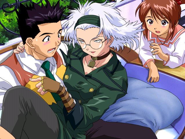 coquelicot (sakura taisen), lobelia carlini, oogami ichirou, sakura taisen, sakura taisen iii, 00s, 1boy, 2girls, assertive female, black hair, blush, brown hair, choker, embarrassed, fingerless gloves, flirting, glasses, gloves, grey eyes, hairband, multiple girls, open mouth, seductive smile, sexually suggestive, short hair, sitting, sitting on lap, sitting on person, smile, surprised, sweatdrop, white eyes, white hair
