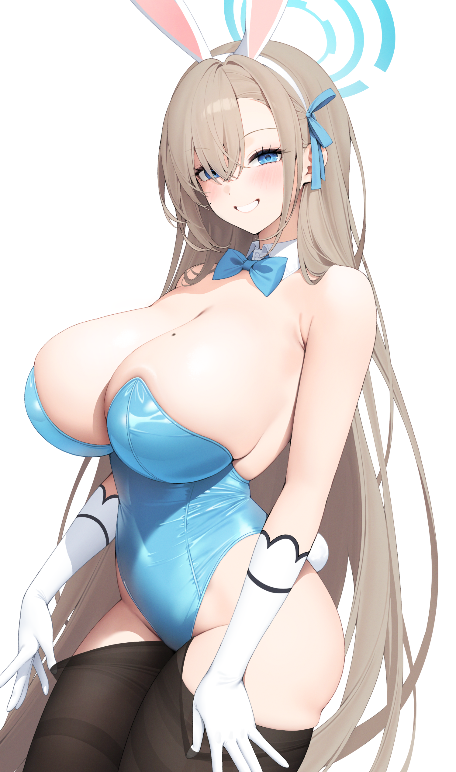 asuna (blue archive), asuna (bunny) (blue archive), blue archive, absurdres, commentary request, highres, partial commentary, 1girl, animal ear hairband, animal ears, black pantyhose, blue bow, blue bowtie, blue eyes, blue halo, blue leotard, blue ribbon, blush, bow, bowtie, breasts, brown hair, clothes pull, cowboy shot, crossed bangs, detached collar, elbow gloves, fake animal ears, fake tail, gloves, grin, hair between eyes, hair ribbon, hairband, halo, highleg, highleg leotard, huge breasts, leotard, long hair, looking at viewer, mole, mole on breast, official alternate costume, okawa (okawa r1), pantyhose, pantyhose pull, playboy bunny, pulling own clothes, rabbit ear hairband, rabbit ears, rabbit tail, ribbon, simple background, smile, solo, standing, strapless, strapless leotard, tail, thighband pantyhose, very long hair, white background, white gloves