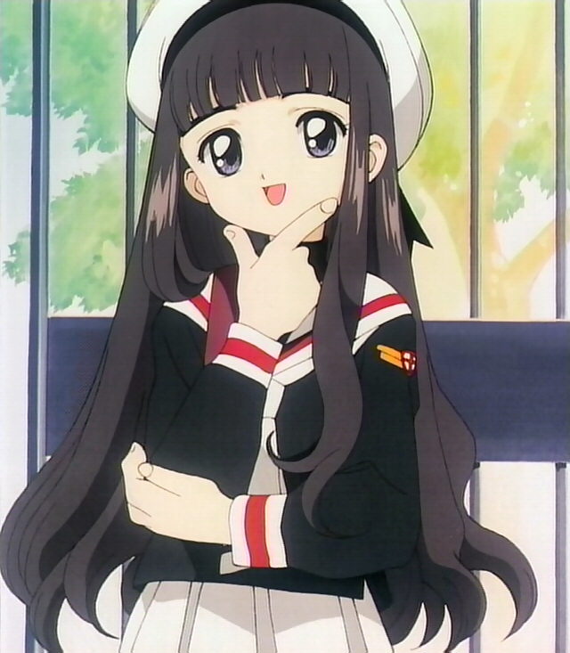 daidouji tomoyo, cardcaptor sakura, anime screenshot, 1990s (style), 1girl, black hair, black shirt, blouse, blue eyes, child, day, female focus, hand on own chin, hat, necktie, outdoors, pleated skirt, retro artstyle, ribbon, school uniform, serafuku, shirt, skirt, solo, striped necktie, tomoeda middle school uniform, white hat, white necktie