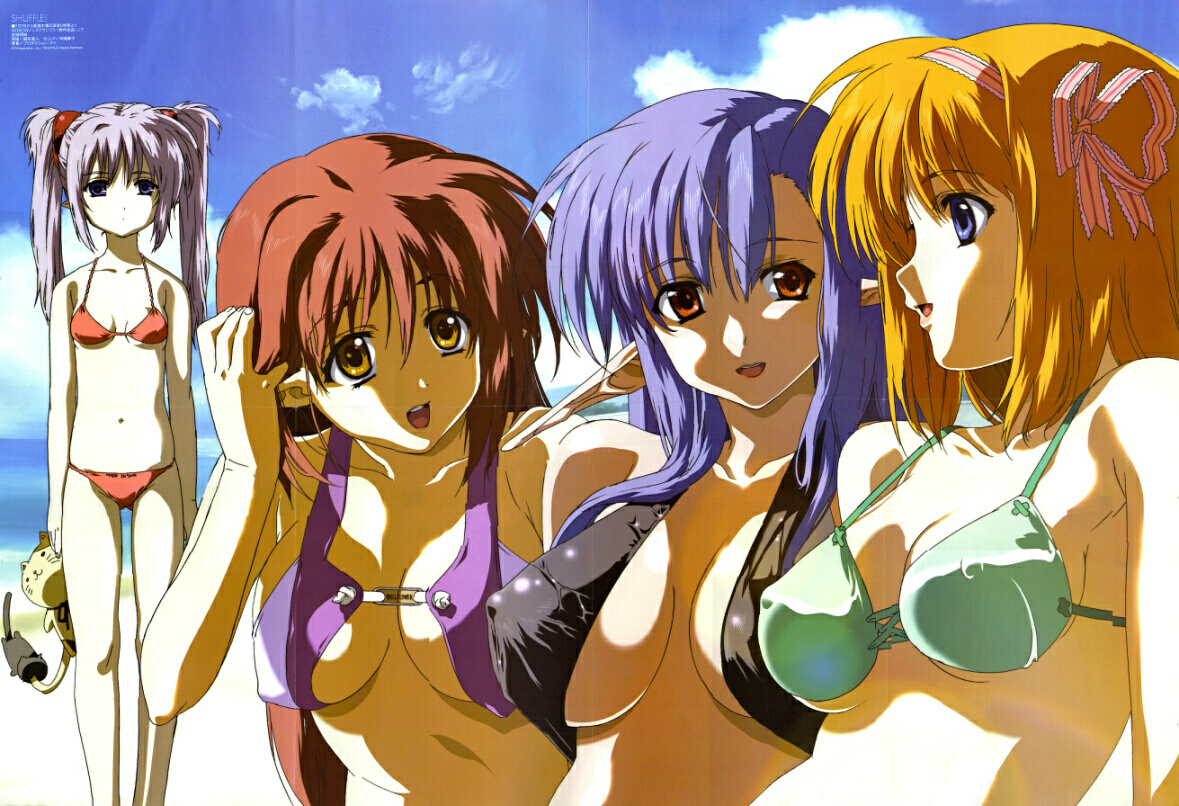 hosoda naoto, fuyou kaede, lisianthus, nerine, primula, shuffle!, 00s, 4girls, bikini, breasts, breasts apart, cleavage, cloud, day, large breasts, medium breasts, multiple girls, outdoors, pointy ears, string bikini, swimsuit