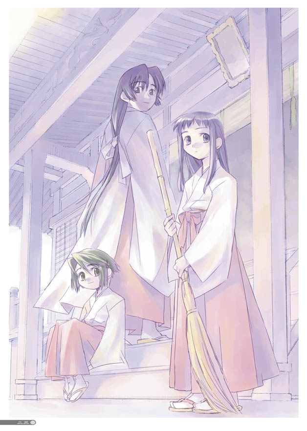 ugawa hiroki, hieda kurako, hieda tama, hieda yuzu, asagiri no miko, white legwear, 00s, 3girls, architecture, bamboo broom, black hair, broom, east asian architecture, expressionless, from behind, hakama, hakama skirt, holding, holding broom, japanese clothes, long hair, looking at viewer, looking back, low-tied long hair, miko, multiple girls, pale color, red hakama, sandals, short hair, shrine, sitting, sitting on stairs, skirt, smile, stairs, standing, tabi, veranda, very long hair
