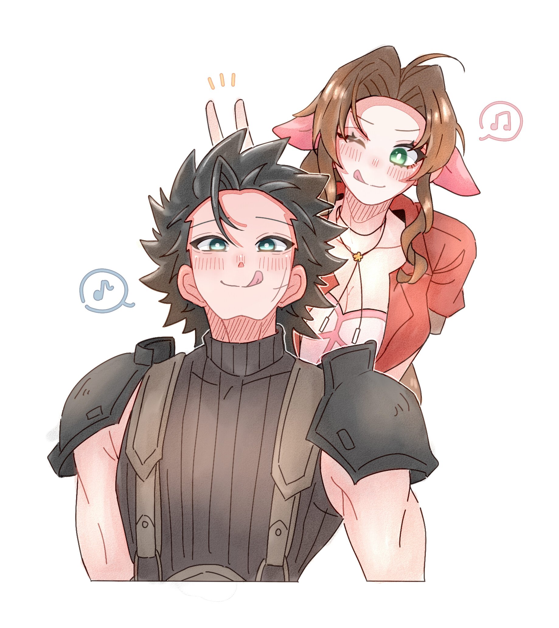 7 (milu577610), aerith gainsborough, zack fair, final fantasy, final fantasy vii, final fantasy vii remake, highres, 1boy, 1girl, :q, ;q, armor, black hair, blue eyes, blush, breasts, brown hair, choker, cleavage, closed mouth, dress, green eyes, hair ribbon, jacket, long hair, musical note, notice lines, one eye closed, open clothes, open jacket, parted bangs, pink dress, pink ribbon, red jacket, ribbed sweater, ribbon, short hair, shoulder armor, simple background, sleeveless, sleeveless turtleneck, smile, spiked hair, spoken musical note, suspenders, sweater, tongue, tongue out, turtleneck, turtleneck sweater, upper body, v, white background