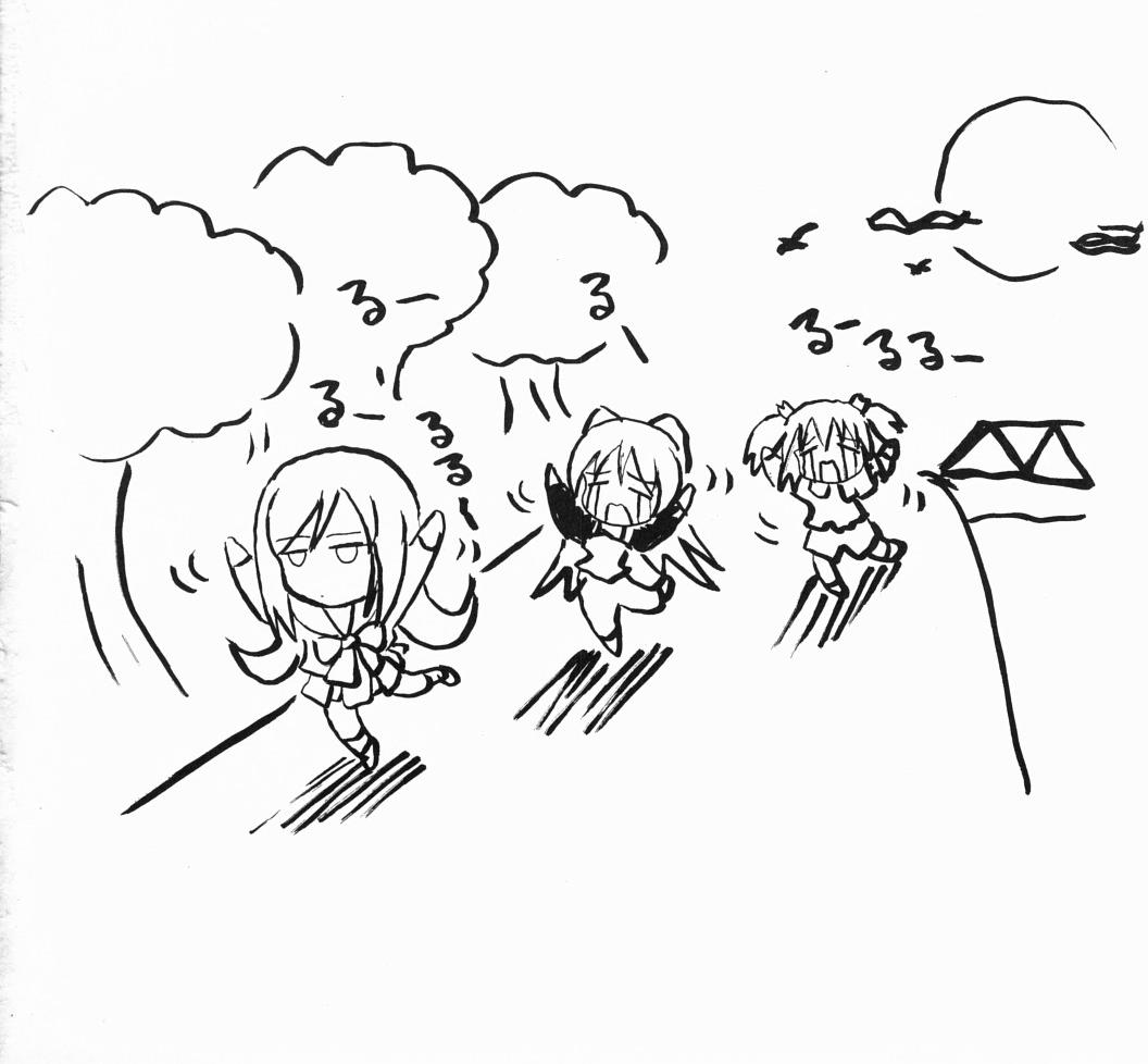 kousaka tamaki, lucy maria misora, yuzuhara konomi, to heart (series), to heart 2, 00s, o/, arms up, greyscale, monochrome, outstretched arms, what