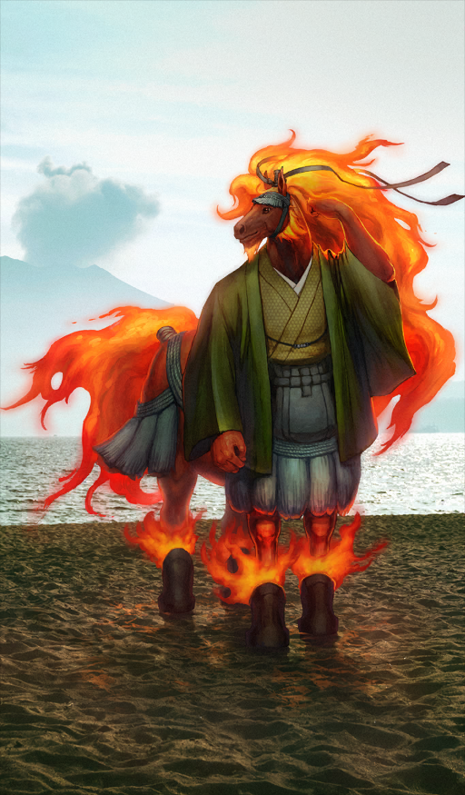 g.river, red hare (fate), fate/grand order, fate (series), commentary request, game cg, official art, third-party source, 1boy, animal head, arm at side, centaur, colored skin, day, fiery hair, green jacket, green kimono, hand in own hair, haori, jacket, japanese clothes, kimono, long hair, male focus, ocean, official alternate costume, orange hair, outdoors, photo background, red skin, solo, standing, taur, very long hair, volcano