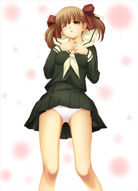 london inu, fukuzawa yumi, maria-sama ga miteru, game cg, 00s, 1girl, brown eyes, brown hair, cross, female focus, hair ribbon, lace, lace-trimmed panties, lace trim, legs, lying, on back, one eye closed, panties, pantyshot, pleated skirt, ribbon, school uniform, serafuku, skirt, solo, standing, twintails, underwear, upskirt, white panties