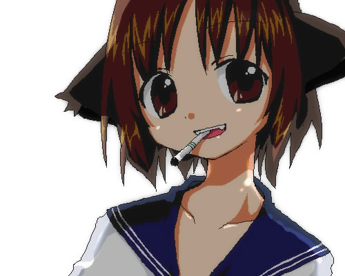 lowres, 1girl, animal ears, brown eyes, brown hair, cat ears, cigarette, fang, female focus, mouth hold, oekaki, school uniform, serafuku, shadow, short hair, simple background, smoking, solo, teeth, upper body, white background