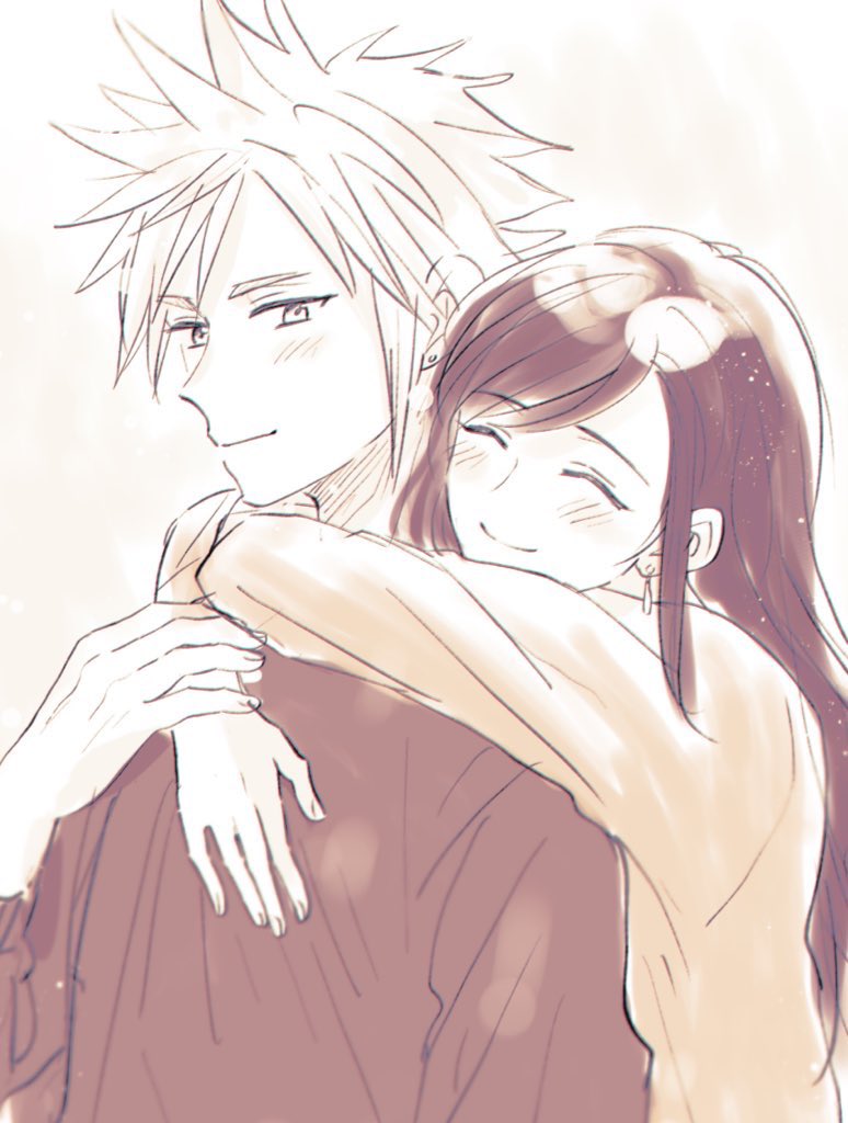 2na3ke, cloud strife, tifa lockhart, final fantasy, final fantasy vii, final fantasy vii advent children, 1boy, 1girl, alternate costume, arms around neck, black hair, blush, closed eyes, closed mouth, couple, earrings, hand on another's wrist, hug, hug from behind, jewelry, long hair, long sleeves, short hair, single earring, smile, spiked hair, stud earrings, swept bangs, teardrop earrings, upper body