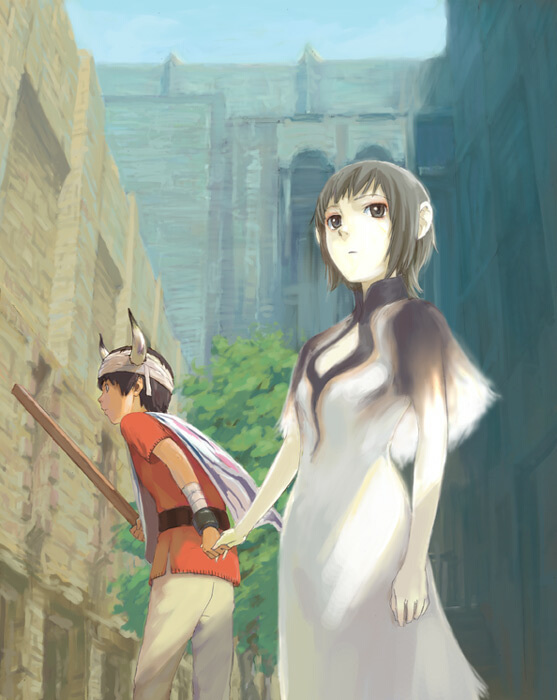naruko hanaharu, ico (character), yorda, ico, silver hair, 1boy, 1girl, bandages, black hair, grey eyes, hetero, holding hands, horns, surcoat, tabard