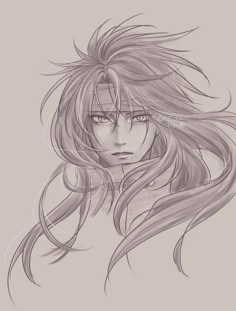roco pic, vincent valentine, final fantasy, final fantasy vii, 1boy, belt buckle, buckle, cloak, cropped torso, floating hair, grey background, hair between eyes, headband, long hair, male focus, messy hair, monochrome, parted lips, portrait, solo, twitter username, upper body