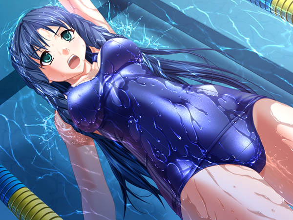 hiiro yuki, takaya minami, yuuguu settai, game cg, aqua eyes, backstroke, blue hair, braid, breasts, dutch angle, large breasts, long hair, navel, one-piece swimsuit, open mouth, pool, school swimsuit, shiny clothes, solo, splashing, swimming, swimsuit, twin braids, water, wet