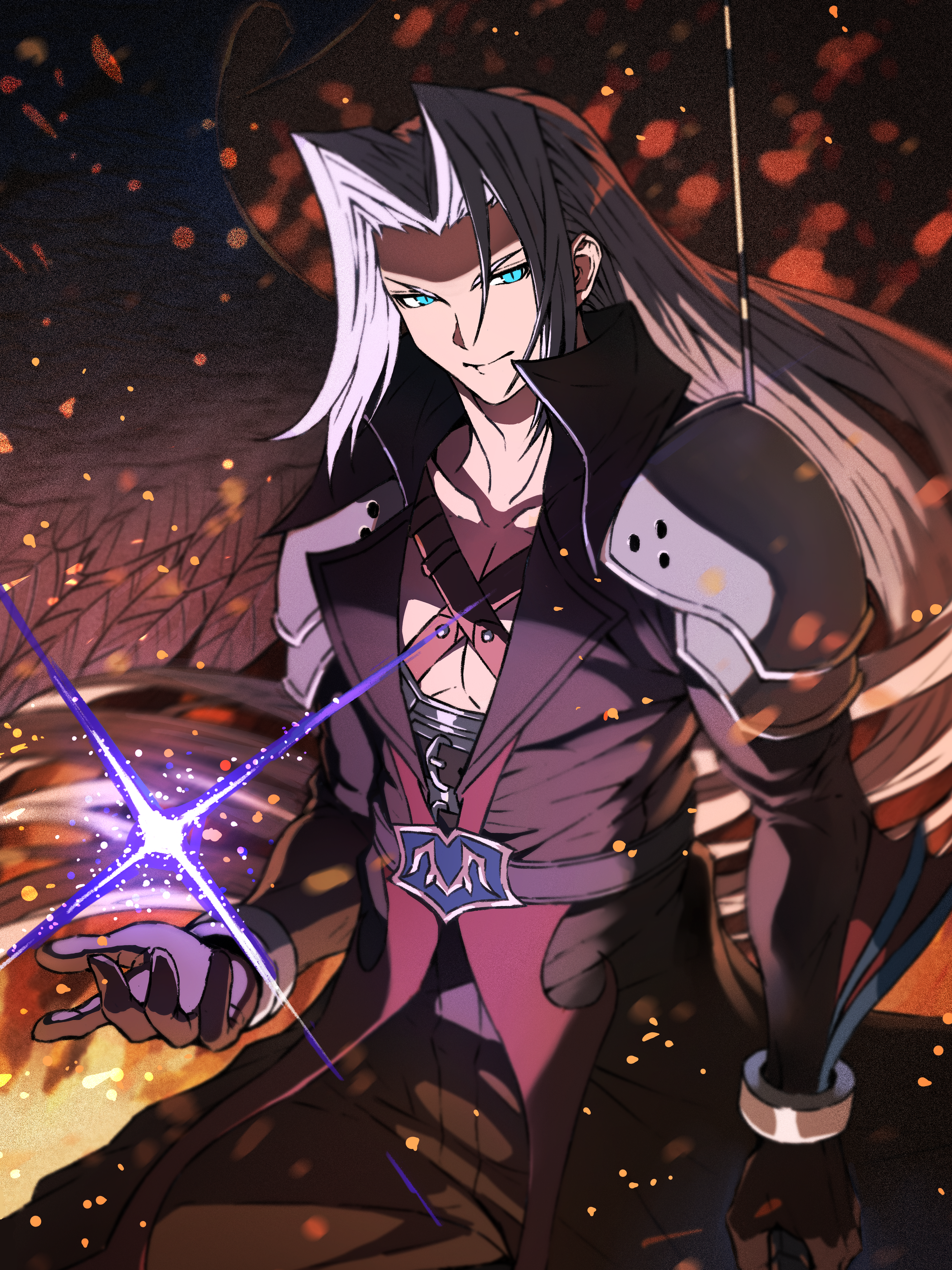 zupakyo, sephiroth, final fantasy, final fantasy vii, kingdom hearts, absurdres, commentary request, highres, 1boy, armor, belt, black coat, black gloves, blurry, blurry background, chest strap, closed mouth, coat, collarbone, feathered wings, gloves, green eyes, grey hair, long hair, looking at viewer, male focus, open hand, parted bangs, pectorals, shoulder armor, slit pupils, smile, solo, wings