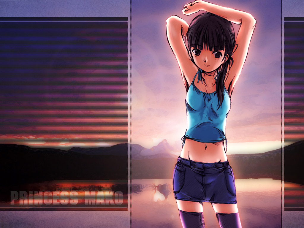 mako-hime, princess mako, real life, 1girl, animification, armpits, black thighhighs, cowboy shot, denim, denim skirt, female focus, midriff, miniskirt, pencil skirt, real life insert, skirt, solo, stretching, thighhighs, zettai ryouiki