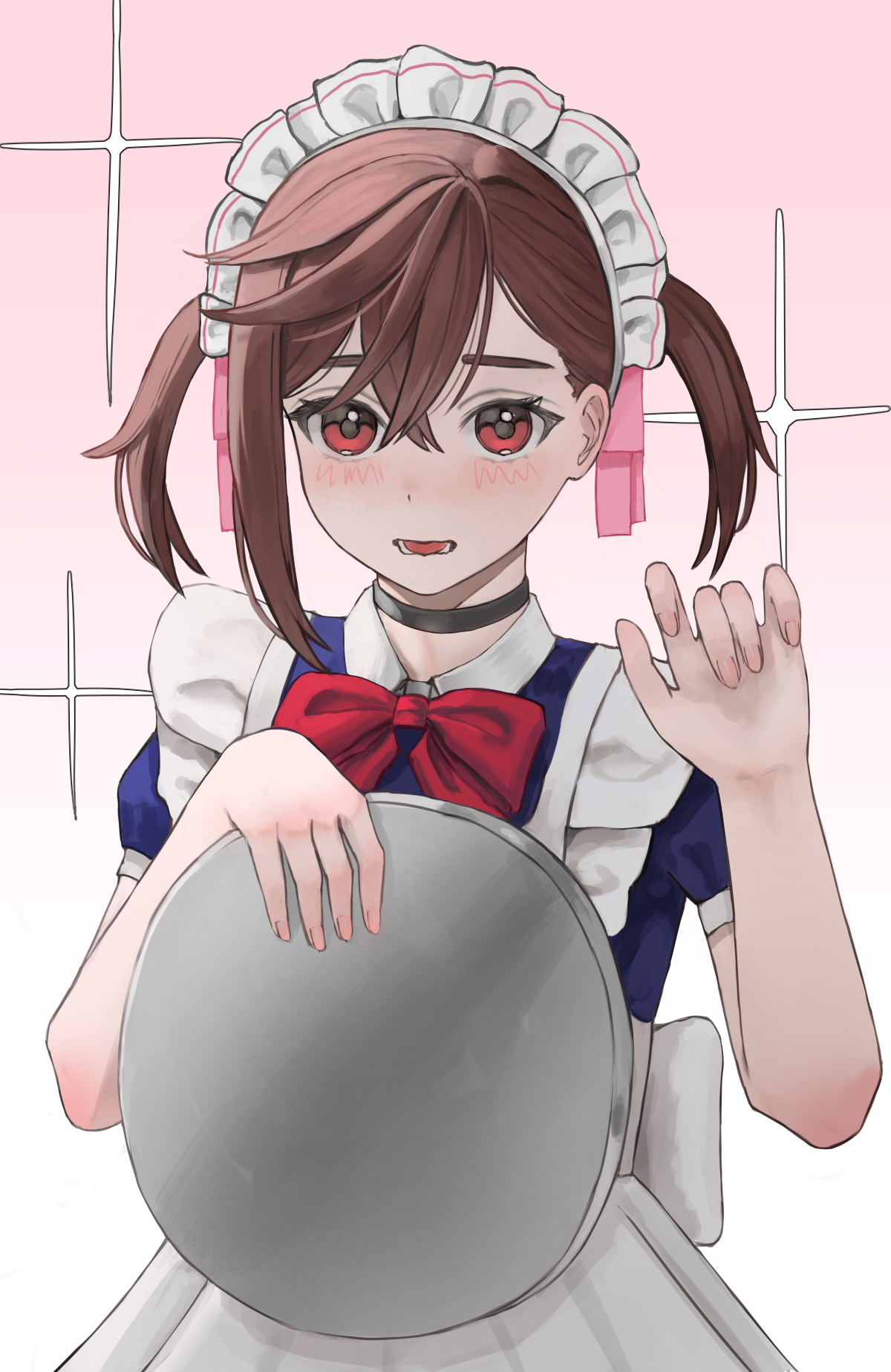 hiiasd1, ayase momo, dandadan, commentary, highres, 1girl, apron, black choker, black dress, blush, bow, bowtie, brown hair, choker, crossed bangs, dress, gradient background, hair between eyes, hair ribbon, holding, holding plate, looking at viewer, maid, maid apron, maid headdress, official alternate costume, official alternate hairstyle, open mouth, pink background, pink ribbon, plate, puffy short sleeves, puffy sleeves, red bow, red bowtie, red eyes, ribbon, short hair, short sleeves, single sidelock, solo, sparkle, twintails, upper body, white apron