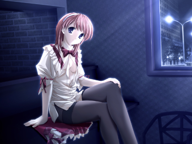 hasegawa akemi, pia carrot (series), pia carrot e youkoso!! 3, 1girl, black pantyhose, blue eyes, bottomless, crossed legs, female focus, legs, night, open clothes, open shirt, pantyhose, red hair, shirt, sitting, solo, thighband pantyhose, undressing, waitress, window