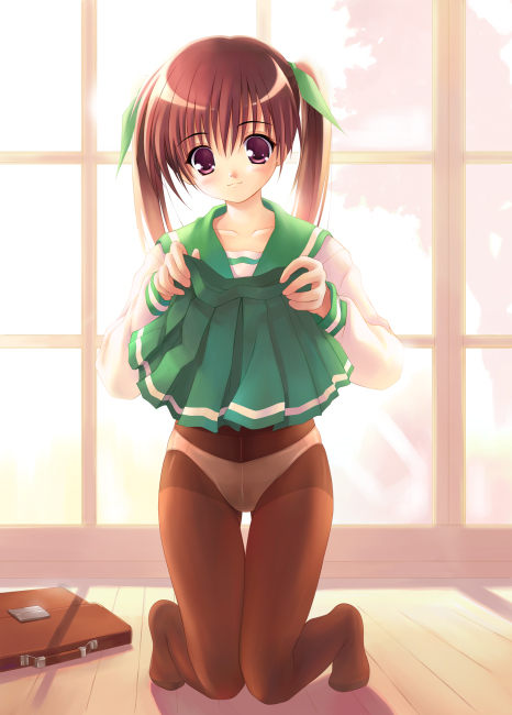 akamaru, original, duplicate, 1girl, brown eyes, brown hair, crotch seam, dressing, female focus, hair ribbon, kneeling, panties, panties under pantyhose, pantyhose, pantyshot, pleated skirt, ribbon, school uniform, serafuku, short hair, skirt, solo, thigh gap, thighs, twintails, underwear, upskirt