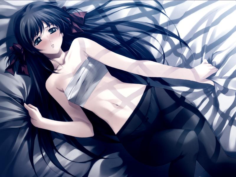 sugina miki, kouzuki kazuna, cartagra, 1girl, bandages, bed, bed sheet, black eyes, black hair, blue eyes, blue hair, blush, bow, dutch angle, female focus, flat chest, hair bow, long hair, lying, matching hair/eyes, midriff, moonlight, navel, on back, panties, panties under pantyhose, pantyhose, sarashi, sheet grab, solo, underwear