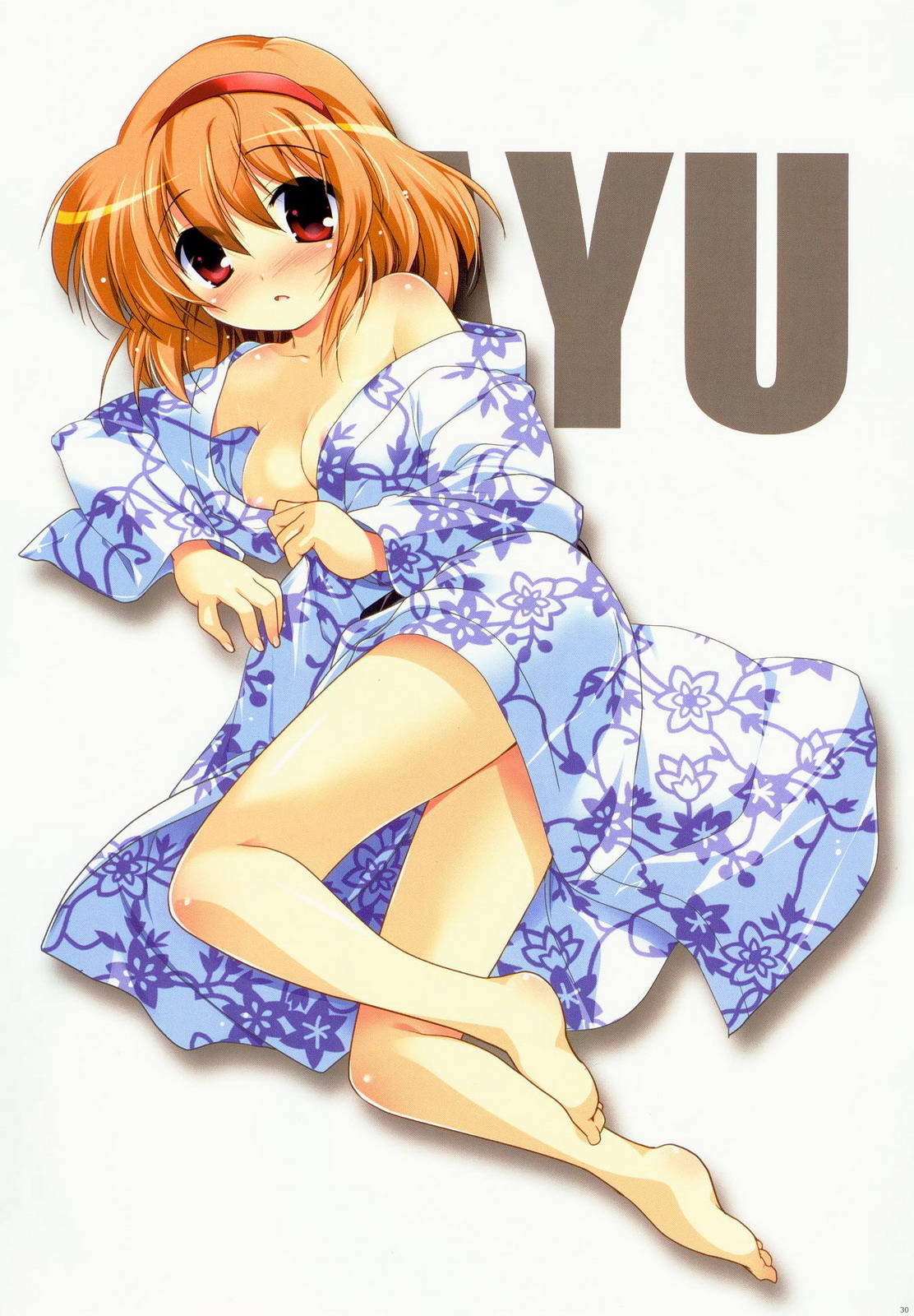 watsuki ayamo, tsukimiya ayu, kanon, highres, scan, third-party source, 1girl, areola slip, bare legs, bare shoulders, barefoot, blush, breasts, brown hair, character name, collarbone, dutch angle, eyes visible through hair, feet, floral print, floral print kimono, full body, hair between eyes, hairband, japanese clothes, kimono, long sleeves, looking at viewer, lying, medium breasts, naked kimono, nose blush, on side, open mouth, print kimono, red eyes, red hairband, shadow, simple background, soles, solo, tareme, thighs, toes, white background, white kimono, wide sleeves