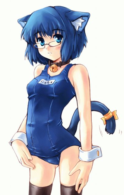 2k-tan, os-tan, animal ears, black thighhighs, cat ears, cat tail, glasses, one-piece swimsuit, school swimsuit, solo, swimsuit, tail, thighhighs, wrist cuffs