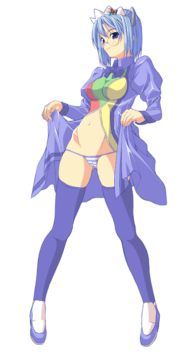 2k-tan, os-tan, 1girl, blue panties, blue thighhighs, breasts, female focus, glasses, lowleg, lowleg panties, navel, panties, shoes, solo, striped clothes, striped panties, thighhighs, underwear