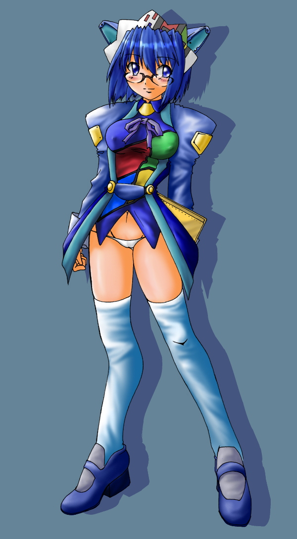 2k-tan, os-tan, exif thumbnail surprise, 1girl, blue background, blue eyes, blue hair, blush, breasts, covered erect nipples, female focus, glasses, legs, looking at viewer, maid headdress, matching hair/eyes, medium breasts, no pants, panties, ribbon, shadow, shoes, short hair, simple background, solo, standing, thighhighs, underwear, white panties