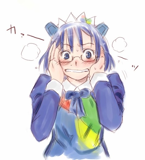 2k-tan, os-tan, 1girl, blue eyes, blue hair, blush, bow, clenched teeth, female focus, glasses, hands on own cheeks, hands on own face, matching hair/eyes, ribbon, short hair, simple background, solo, surprised, teeth, white background