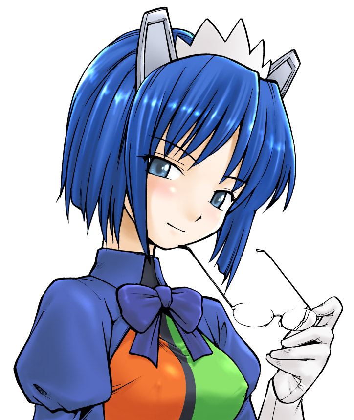 hinemosu notari, 2k-tan, os-tan, 1girl, blue eyes, blue hair, blush, bow, female focus, glasses, gloves, holding, holding removed eyewear, light smile, looking at viewer, matching hair/eyes, ribbon, short hair, simple background, smile, solo, unworn eyewear, upper body, white background, white gloves