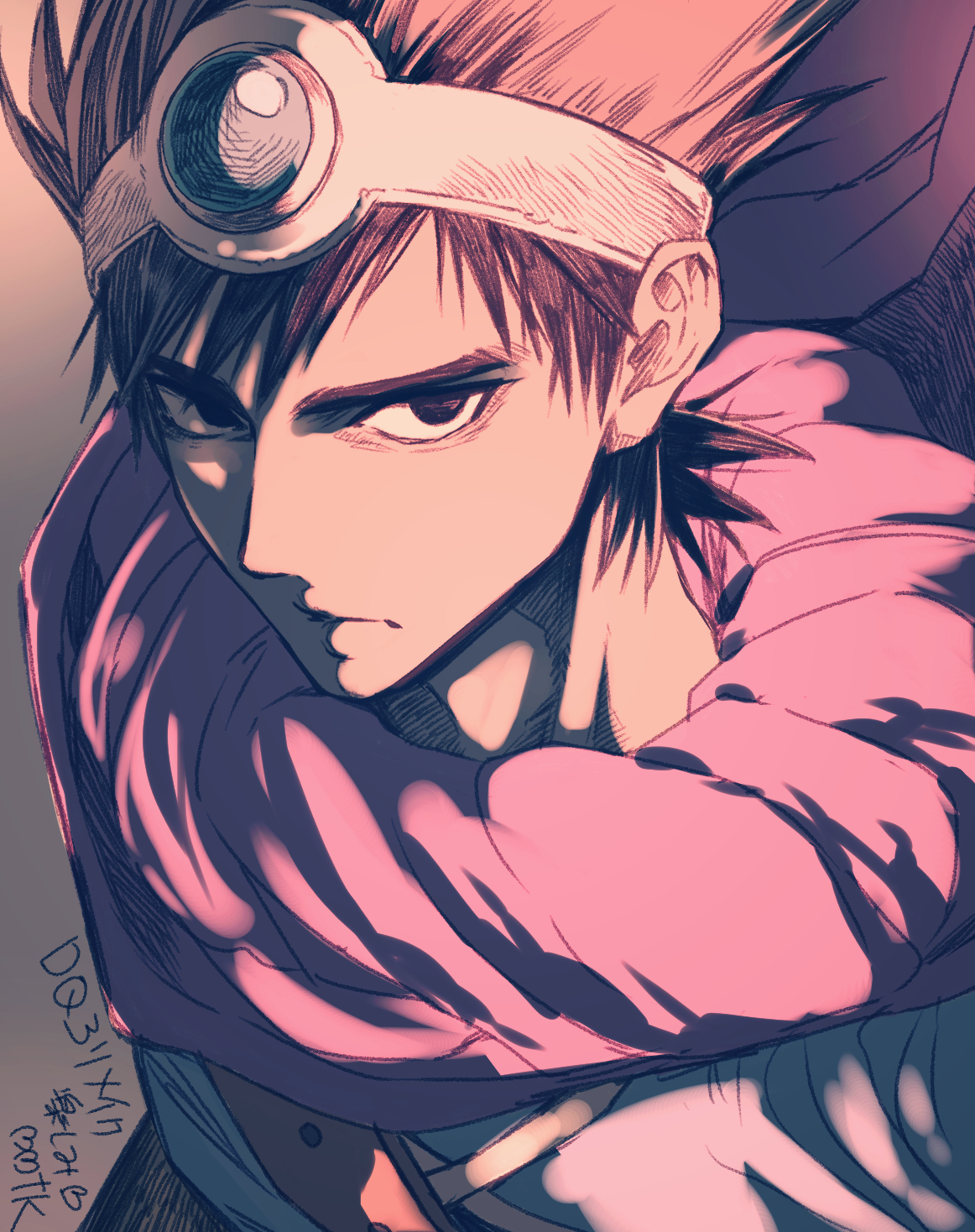 matudairaks, hero (dq3), roto (dq3), dragon quest, dragon quest iii, commentary request, highres, 1boy, black hair, blue gemstone, blue tunic, cape, circlet, floating cape, gem, gradient background, hatching (texture), looking to the side, male focus, purple cape, short hair, silver circlet, solo, spiked hair, tunic, upper body