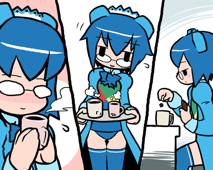 2k-tan, os-tan, 1girl, chibi, coffee, glasses, thighhighs
