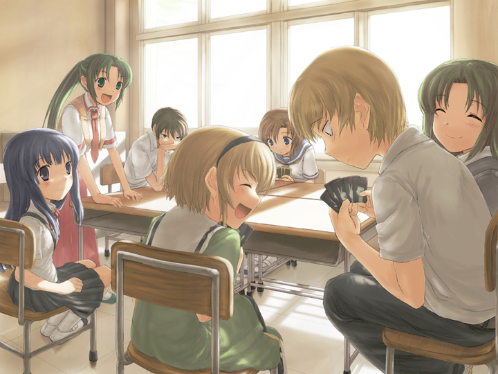 toshibo (chitose ryouta), toshibou, furude rika, houjou satoko, houjou satoshi, maebara keiichi, ryuuguu rena, sonozaki mion, sonozaki shion, higurashi no naku koro ni, bad id, bad pixiv id, md5 mismatch, resolution mismatch, 00s, 2boys, 5girls, blonde hair, everyone, multiple boys, multiple girls, pantyhose, pleated skirt, school uniform, serafuku, siblings, sisters, skirt, suspender skirt, suspenders, twins