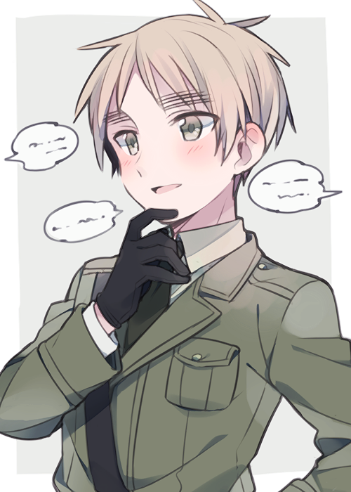 saku anna, united kingdom (hetalia), axis powers hetalia, commentary request, 1boy, belt, black belt, black gloves, black necktie, blonde hair, blush, border, breast pocket, collared shirt, gloves, green eyes, green jacket, grey background, hand on own chin, hand on own hip, hand up, jacket, lapels, long sleeves, looking to the side, male focus, military jacket, military uniform, necktie, open mouth, outside border, pocket, shirt, short hair, simple background, smile, solo, speech bubble, upper body, white border, white shirt