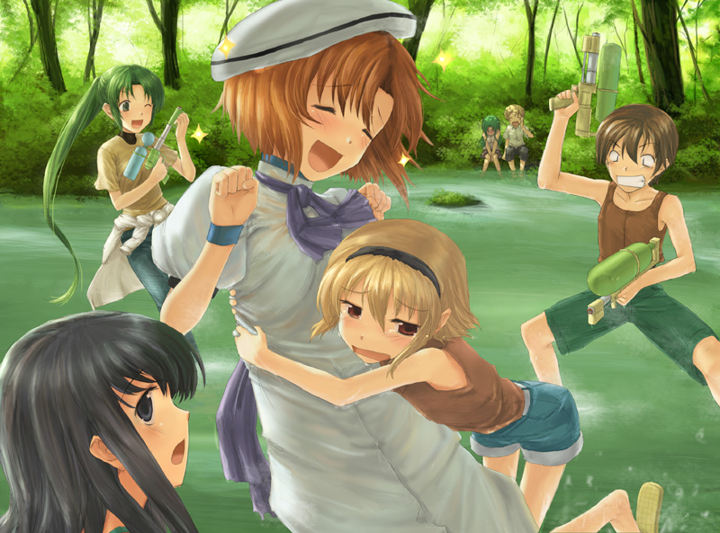 toshibo (chitose ryouta), toshibou, furude rika, houjou satoko, houjou satoshi, maebara keiichi, ryuuguu rena, sonozaki mion, sonozaki shion, higurashi no naku koro ni, bad id, bad pixiv id, 00s, 2boys, 5girls, black eyes, black hair, blonde hair, brown hair, closed eyes, denim, denim shorts, everyone, green eyes, green hair, grin, hairband, hug, jeans, long hair, multiple boys, multiple girls, nature, pants, ponytail, red eyes, river, short hair, shorts, siblings, sisters, smile, take it home, tank top, tears, twins, water, water gun, wet
