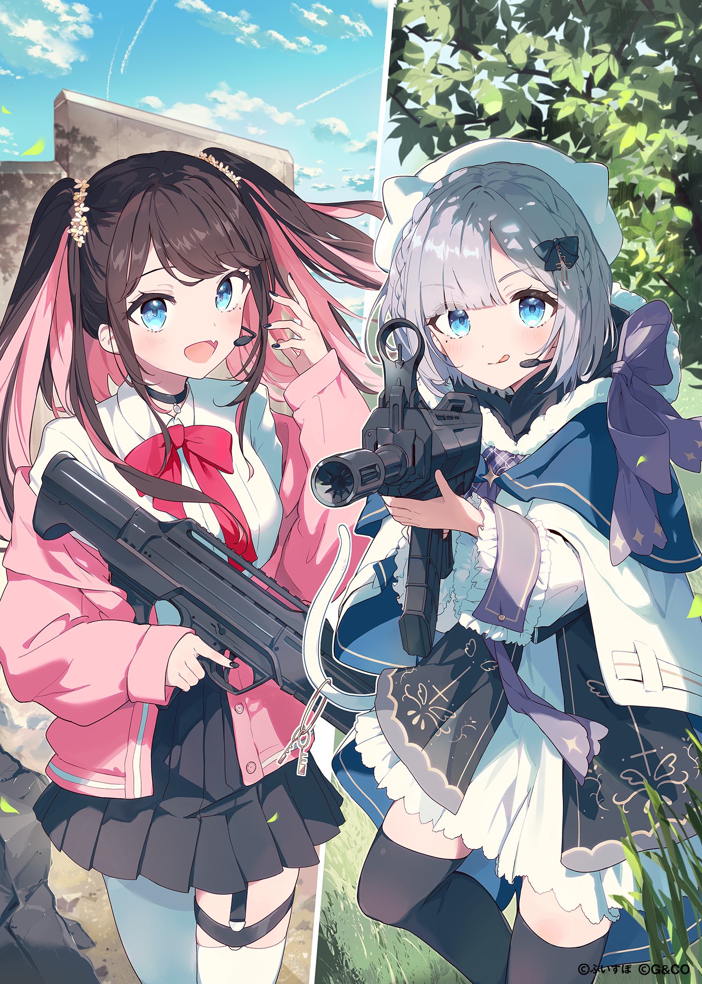 kodamazon, kaga nazuna, kaga sumire, vspo!, highres, official art, 2girls, black bow, black hair, black skirt, black thighhighs, blue eyes, blue sky, bow, cloak, collared shirt, copyright notice, dress, grey hair, gun, hair bow, hat, headset, holding, holding gun, holding weapon, jacket, leaf, licking lips, long hair, long sleeves, multiple girls, neckerchief, off shoulder, open mouth, pink hair, pink jacket, pink neckerchief, pleated skirt, shirt, skirt, sky, thighhighs, tongue, tongue out, twintails, virtual youtuber, weapon, white cloak, white dress, white hat, white shirt, white thighhighs