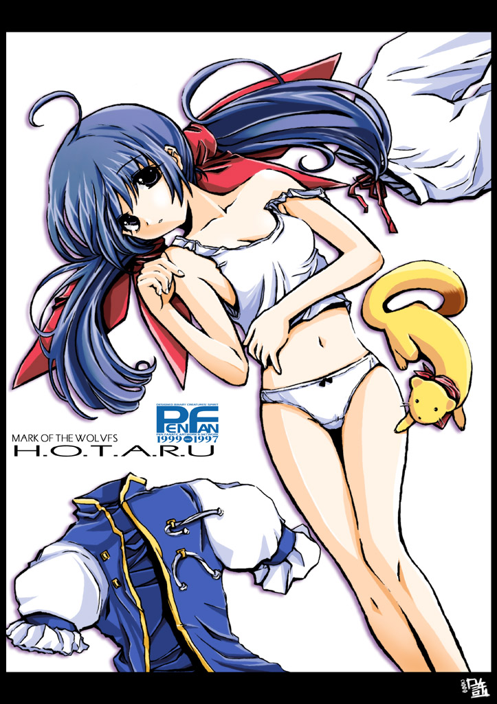 futaba hotaru, itokatsu (garou), fatal fury, garou: mark of the wolves, snk, 1girl, animal, blue hair, female focus, ferret, lingerie, mascot, navel, off shoulder, panties, solo, tank top, twintails, typo, underwear, undressing, white panties