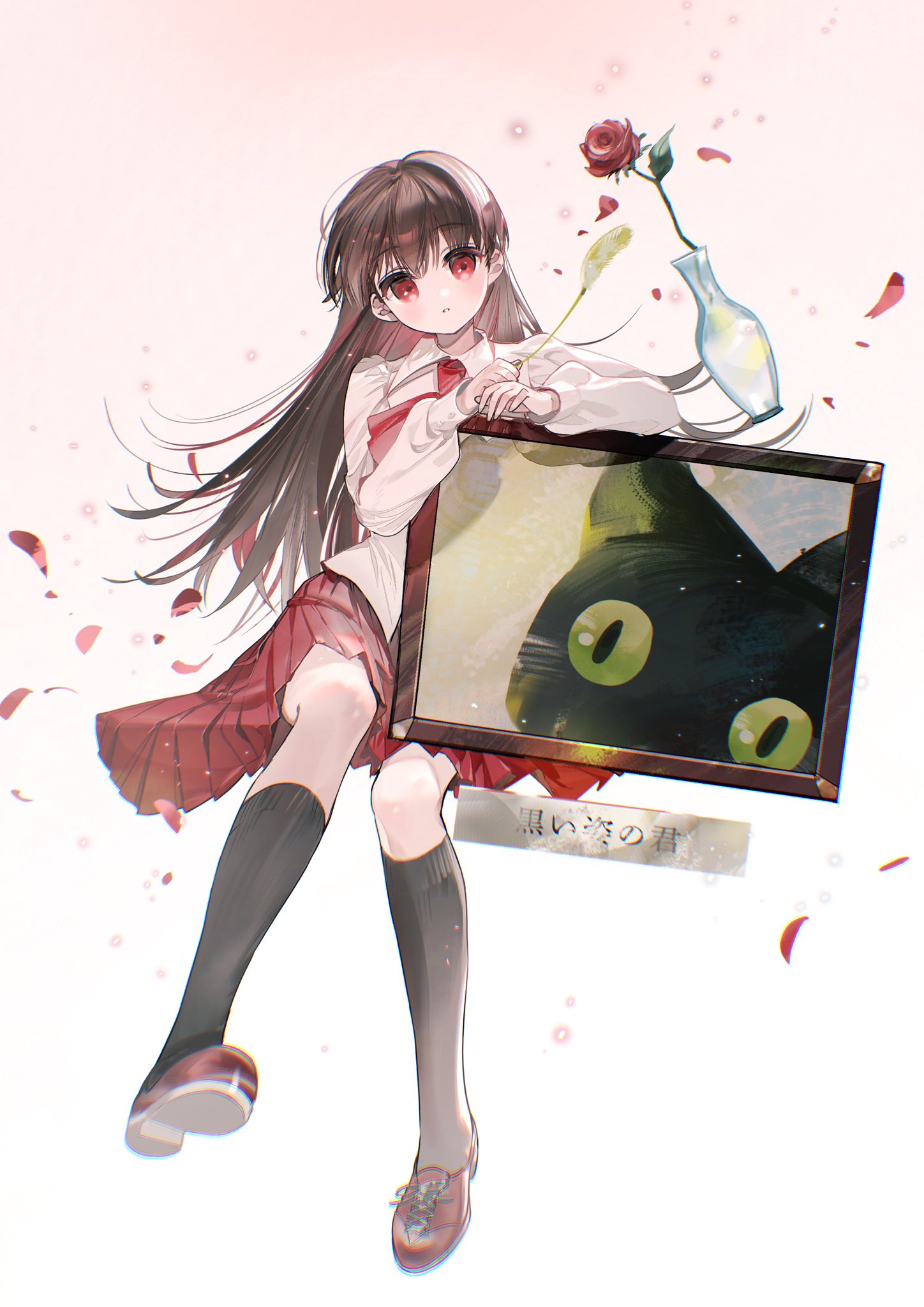 rumoon, ib (ib), ib (kouri), 1girl, black hair, black socks, painting (object), red skirt, shirt, sitting, skirt, socks, solo, vase, white shirt