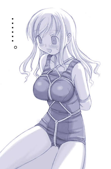 komusou (komusou1), toudou shimako, maria-sama ga miteru, …, 00s, 1girl, arms behind back, bdsm, blue theme, bondage, bound, box tie, crotch rope, female focus, monochrome, one-piece swimsuit, purple theme, school swimsuit, shibari, shibari over clothes, solo, swimsuit