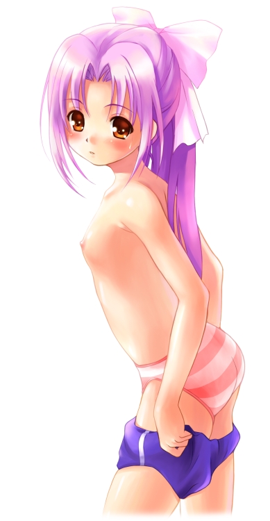 akamaru, koigakubo momoko, gakkou no kaidan (anime), 00s, 1girl, blush, bow, breasts, brown eyes, buruma, dressing, female focus, flat chest, hair bow, long hair, nipples, panties, pink bow, pink panties, ponytail, purple hair, single vertical stripe, solo, standing, striped clothes, striped panties, topless female, underwear, underwear only
