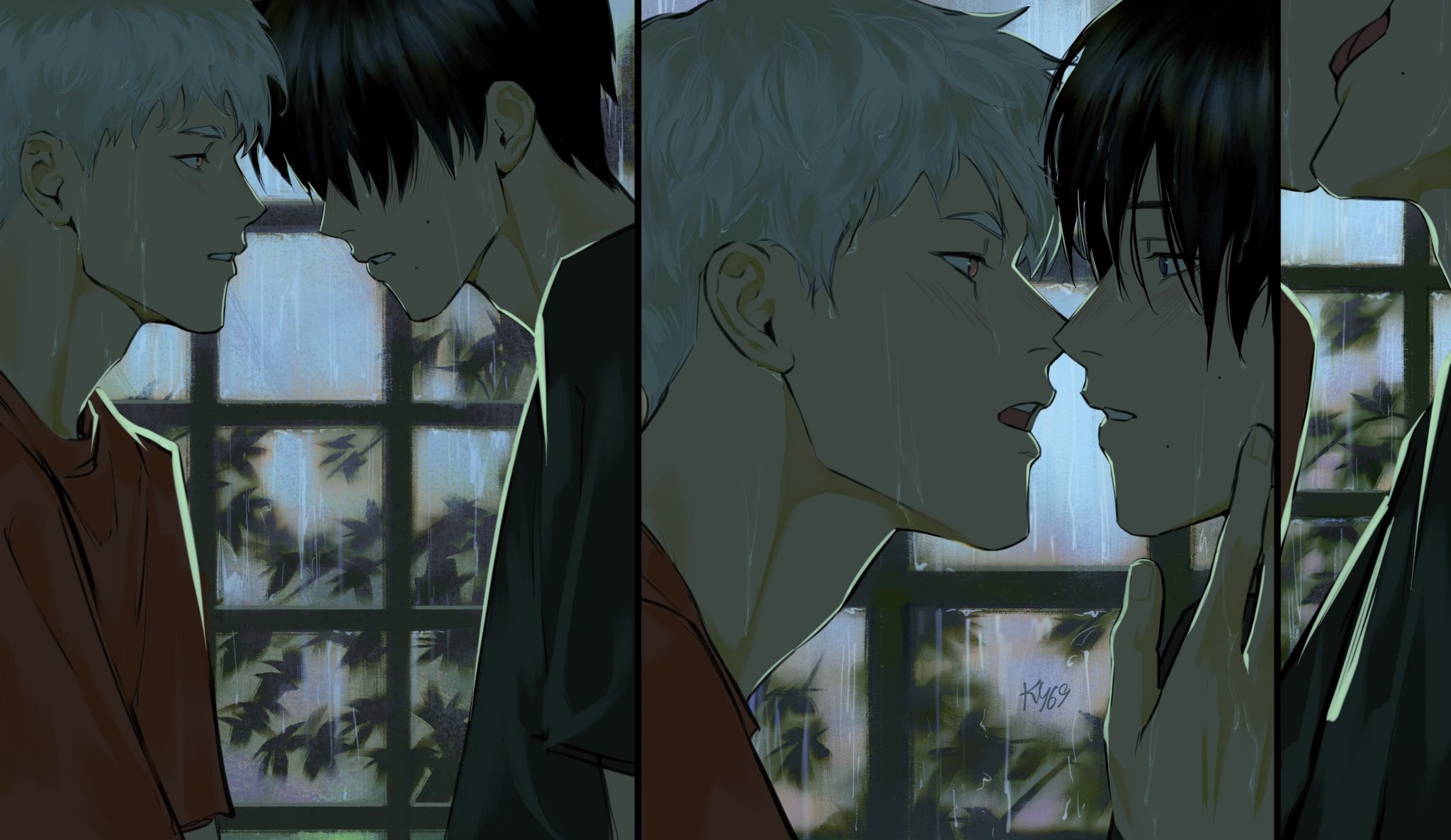ky 69, indou hikaru, tsujinaka yoshiki, hikaru ga shinda natsu, highres, 2boys, adam's apple, artist name, black eyes, black hair, black shirt, blush, french kiss, from side, incoming kiss, kiss, male focus, mole, mole on cheek, mole under mouth, multiple boys, multiple moles, open mouth, rain, red eyes, red shirt, shirt, short hair, teeth, tongue, upper body, upper teeth only, wet, wet hair, white hair, yaoi