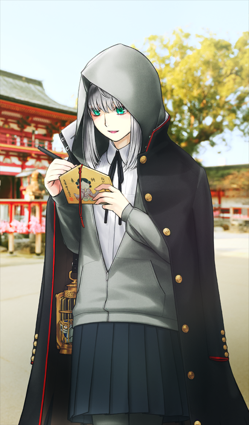 sakamoto mineji, add (fate), gray (fate), fate/grand order, fate (series), commentary request, game cg, official art, third-party source, 1girl, birdcage, black coat, black ribbon, black skirt, blouse, buttons, cage, coat, coat on shoulders, cowboy shot, cube, day, ema, gray (over the same sky) (fate), green eyes, grey jacket, grey pantyhose, hands up, holding, holding ema, holding pen, hood, hood up, hooded jacket, jacket, long hair, long sleeves, looking down, neck ribbon, open mouth, outdoors, pantyhose, partially unzipped, pen, photo background, pleated skirt, ribbon, shirt, skirt, smile, solo, temple, unbuttoned, white hair, white shirt, writing