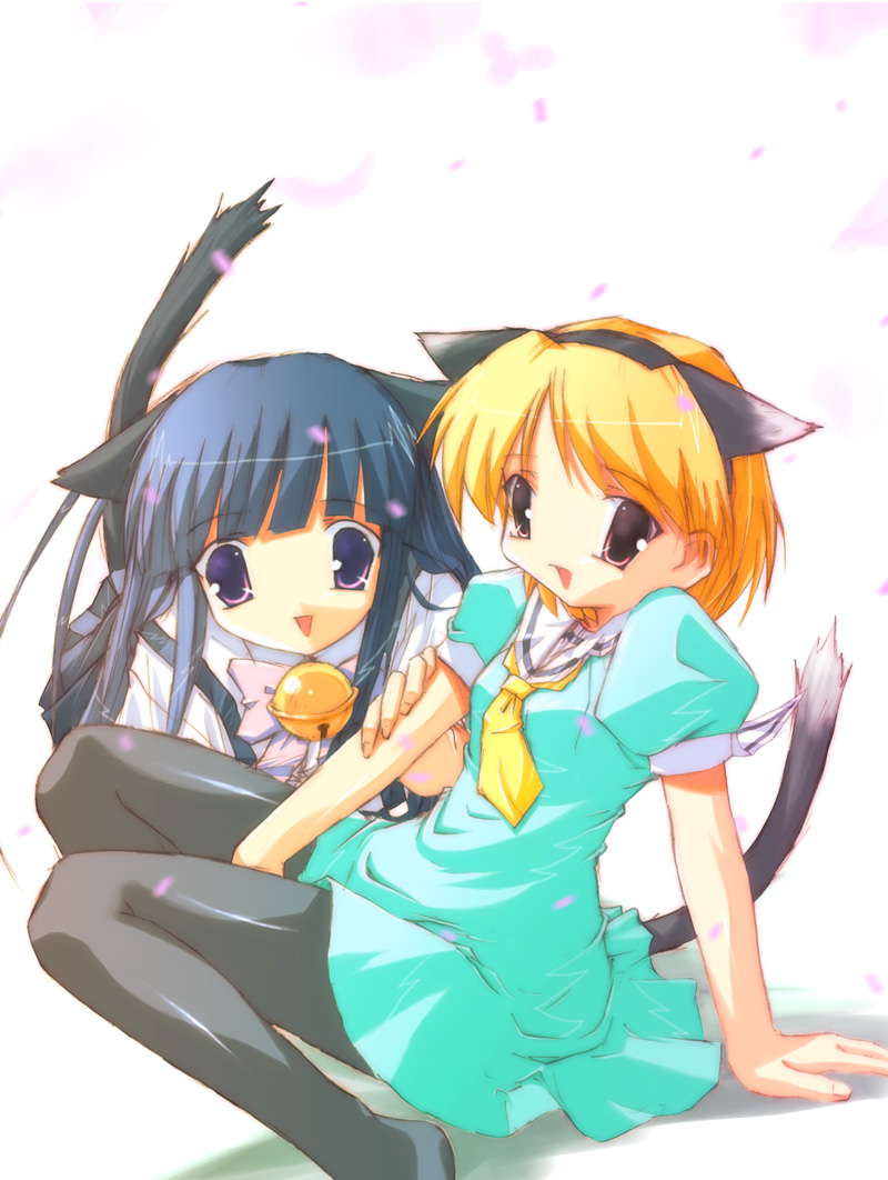 akayama yukihe, furude rika, houjou satoko, higurashi no naku koro ni, 00s, 2girls, animal ears, aqua skirt, bell, blonde hair, cat ears, cat tail, dress, kemonomimi mode, multiple girls, pantyhose, sailor dress, skirt, suspenders, tail