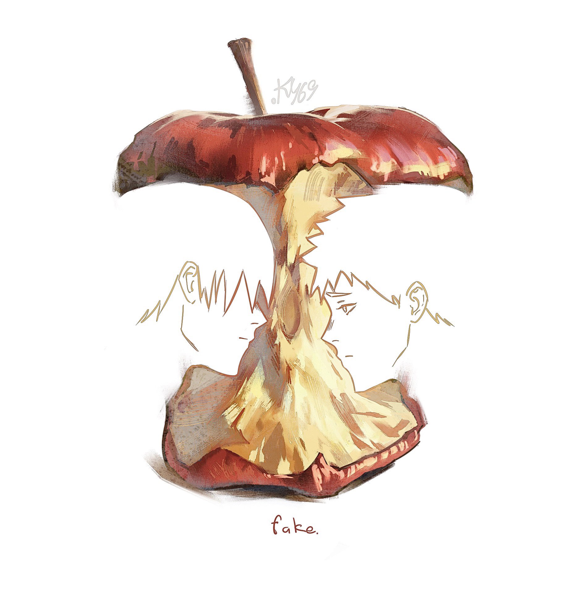 ky 69, indou hikaru, tsujinaka yoshiki, hikaru ga shinda natsu, hashtag-only commentary, highres, 2boys, adam's apple, apple, appletrend, artist name, bitten apple, closed mouth, english text, food, food bite, from side, fruit, looking at another, male focus, multiple boys, simple background, white background