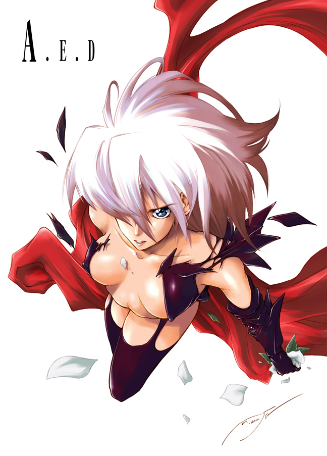 onaya masakazu, teresa rose, ibara, 1girl, black thighhighs, blue eyes, breasts, cape, covered erect nipples, elbow gloves, english text, female focus, gloves, hair over one eye, petals, scarf, solo, thighhighs, white hair
