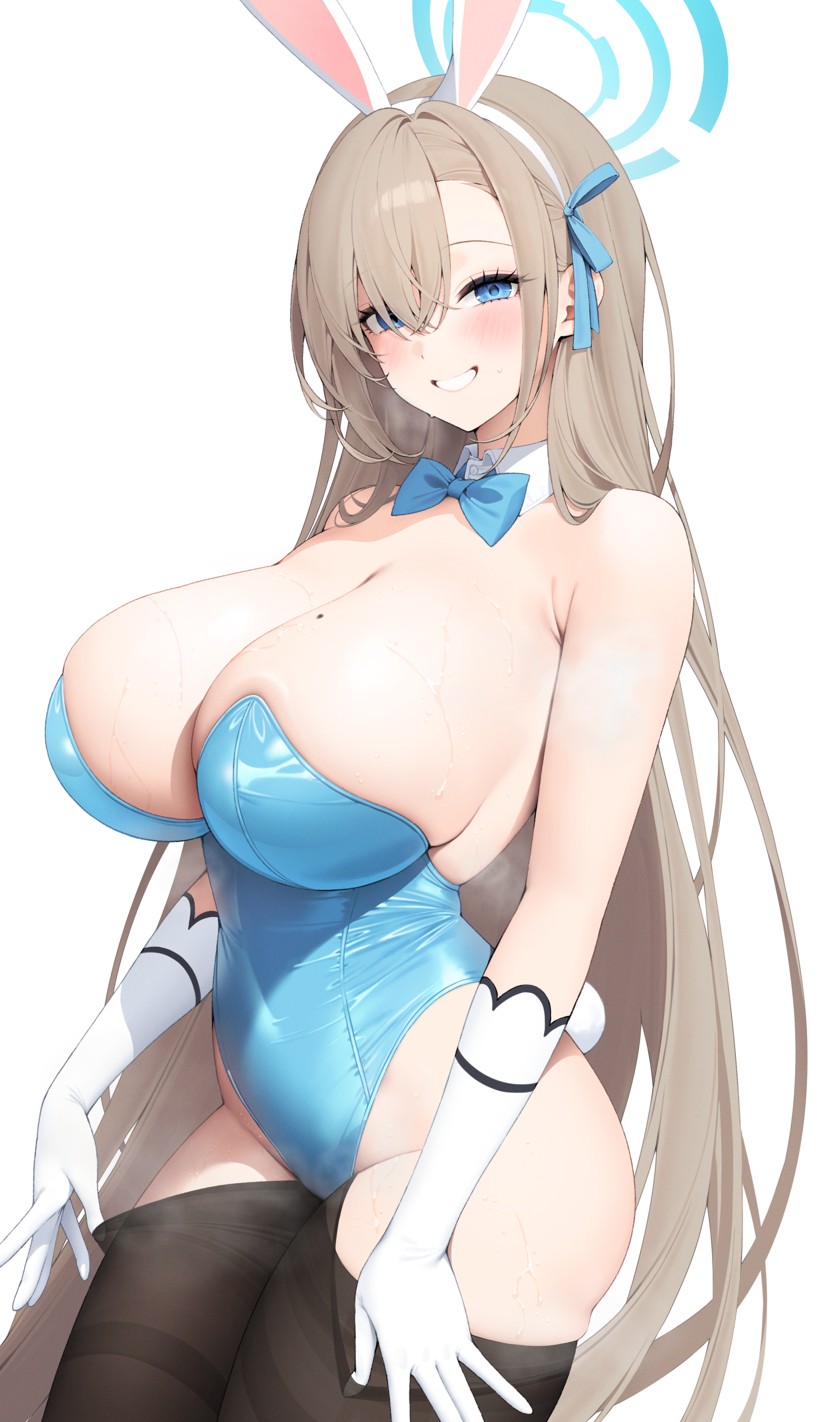 asuna (blue archive), asuna (bunny) (blue archive), blue archive, absurdres, commentary request, highres, partial commentary, 1girl, animal ear hairband, animal ears, black pantyhose, blue bow, blue bowtie, blue eyes, blue halo, blue leotard, blue ribbon, blush, bow, bowtie, breasts, brown hair, clothes pull, cowboy shot, crossed bangs, detached collar, elbow gloves, fake animal ears, fake tail, gloves, grin, hair between eyes, hair ribbon, hairband, halo, highleg, highleg leotard, huge breasts, leotard, long hair, looking at viewer, mole, mole on breast, official alternate costume, okawa (okawa r1), pantyhose, pantyhose pull, playboy bunny, pulling own clothes, rabbit ear hairband, rabbit ears, rabbit tail, ribbon, simple background, smile, solo, standing, steaming body, strapless, strapless leotard, sweat, tail, thighband pantyhose, very long hair, white background, white gloves